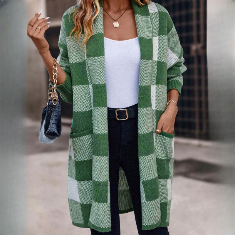 Womens Fashion Knitted Plaid Cardigan Green Plaid Sweater Coat
